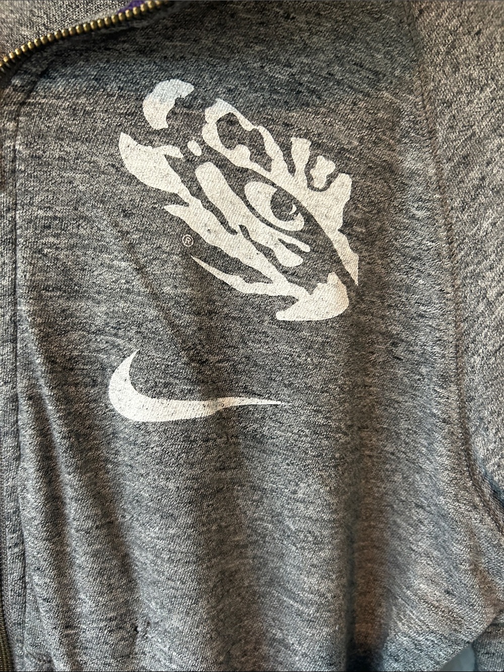 Nike LSU Women’s Gray Zip Hoodie with Purple Drawcords and White Graphic - Picture 2 of 5